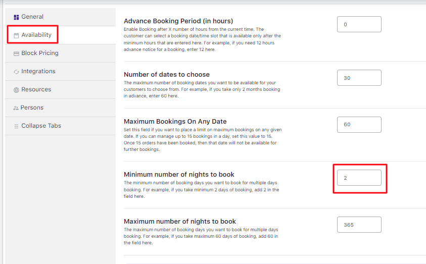 Minimum Nights in the Multiple Nights Booking Type - Tyche Softwares Documentation