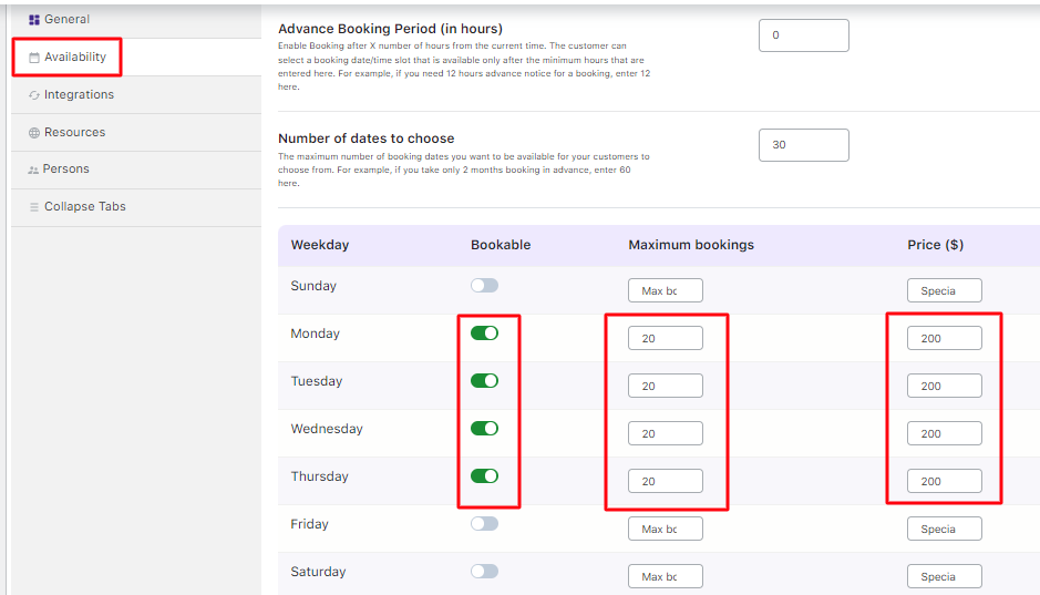 Recurring Weekdays in the Single Day Booking Type - Tyche Softwares Documentation