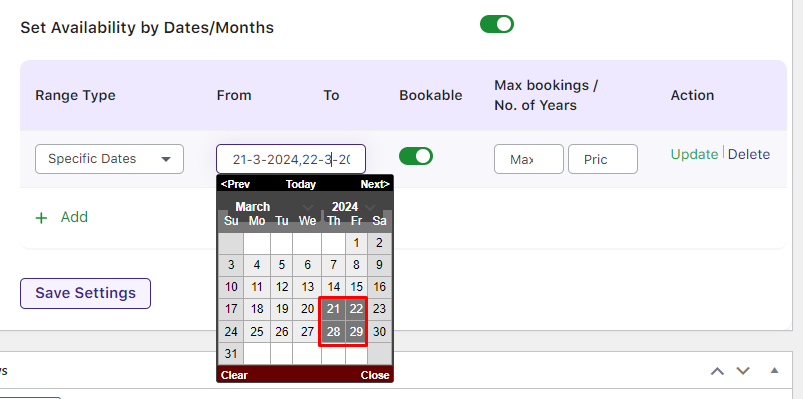 Specific Dates Booking in the Single Day Booking Type - Tyche Softwares Documentation