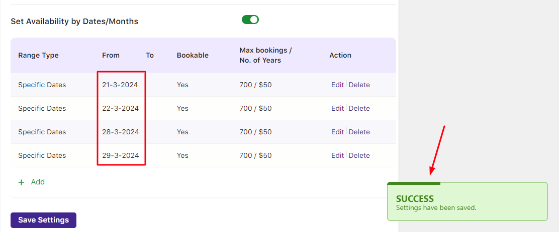 Specific Dates Booking in the Single Day Booking Type - Tyche Softwares Documentation