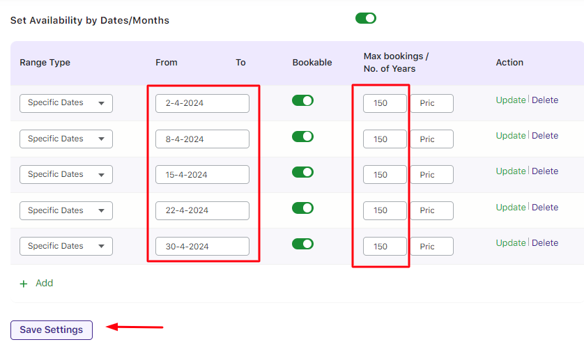 Maximum Bookings for days, dates and time slots - Tyche Softwares Documentation