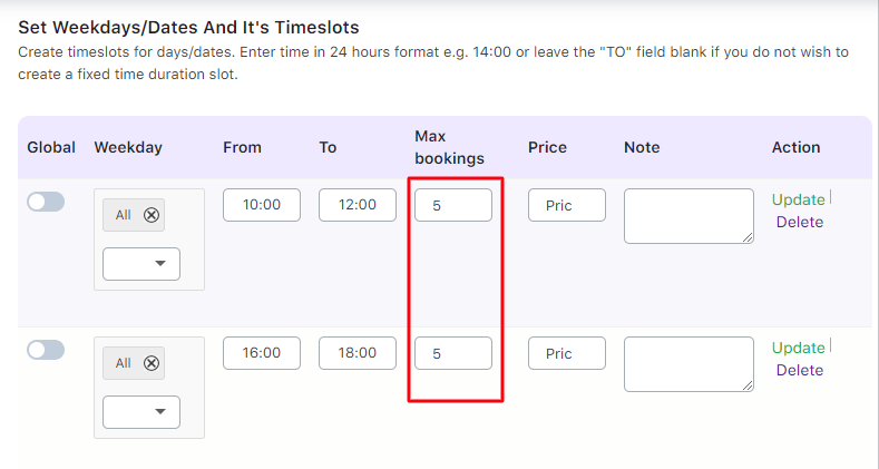 Maximum Bookings for days, dates and time slots - Tyche Softwares Documentation