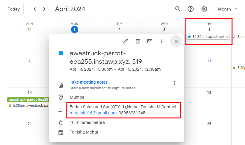 Exporting Product Level bookings to Google Calendar - Tyche Softwares Documentation