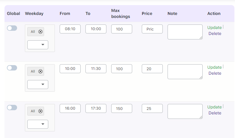 Set up time slot prices using the Fixed Time booking type - Tyche Softwares Documentation