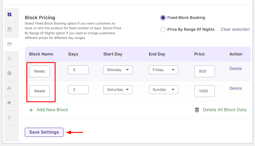 Setup Fixed Blocks for Multiple Day Bookings - Tyche Softwares Documentation