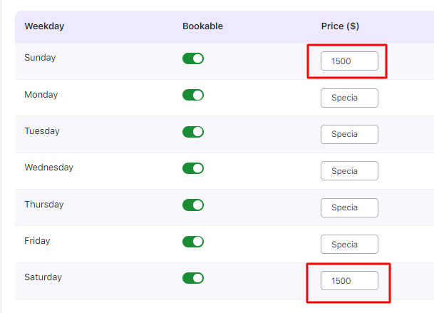 Setting up Special Prices for Weekdays or Specific dates - Tyche Softwares Documentation