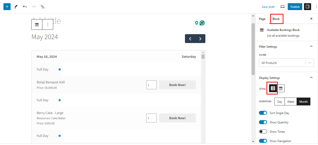 Available Bookings Block - Tyche Softwares Documentation