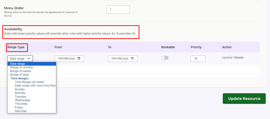 Setting the Availability of Resources - Tyche Softwares Documentation