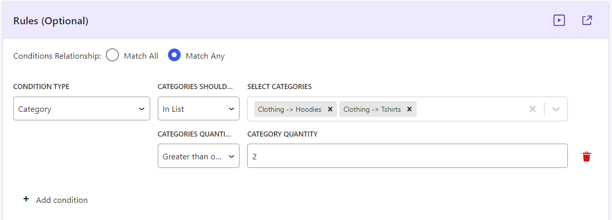 Buy Product X and Get Product Y If Selected Categories Have 2 or More Products in Cart - Tyche Softwares Documentation