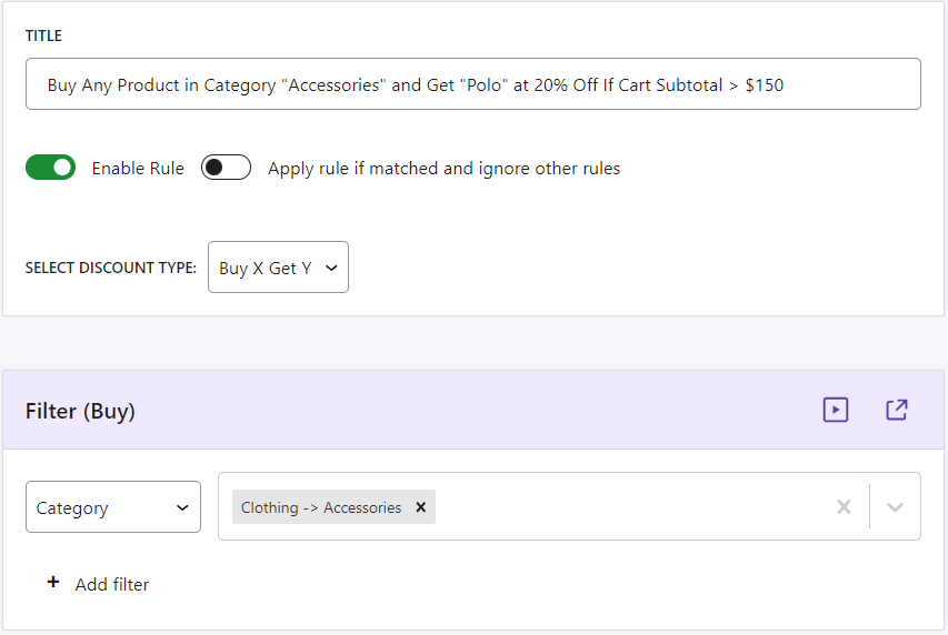 Buy Any Product in Category X and Get Chosen Product Y at 20% Off If Cart Subtotal > $150 - Tyche Softwares Documentation