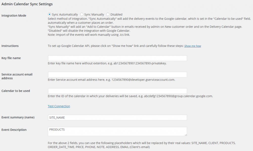 Admin Calendar Sync Settings section for Sync Automatically Integration mode