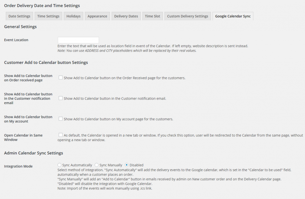 Default Google Calendar Sync tab