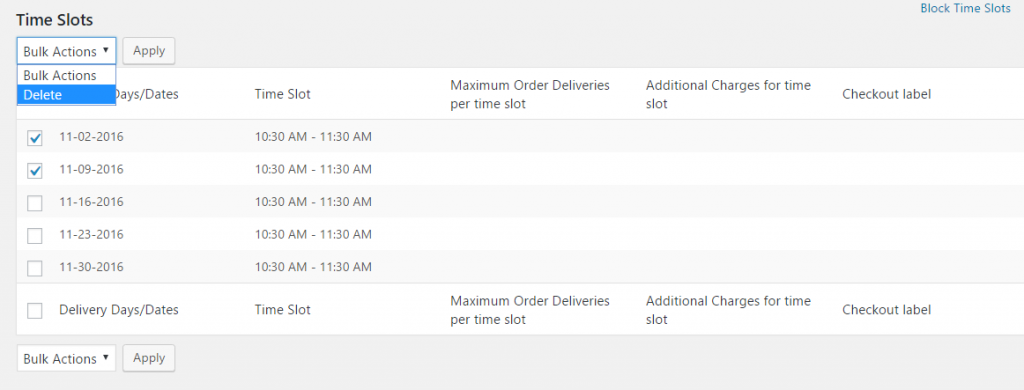 Time slot delete