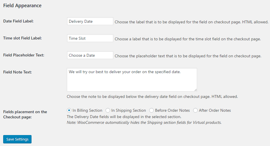 Change the labels for Delivery date & Time fields in Order Delivery Date Pro for WooCommerce - Field Appearance