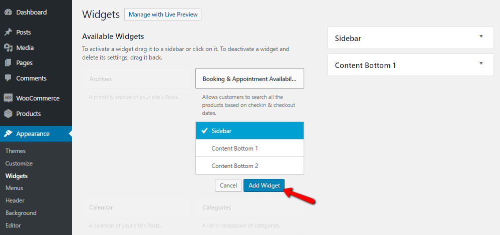 Booking & Appointment Availability Search Widget- Add Widget button