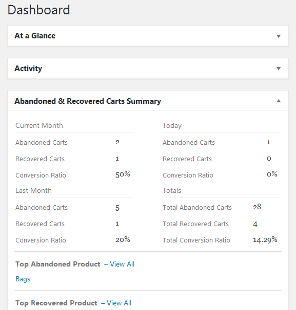 open key-Get a quick summary of Abandoned and Recovered orders from WordPress dashboard