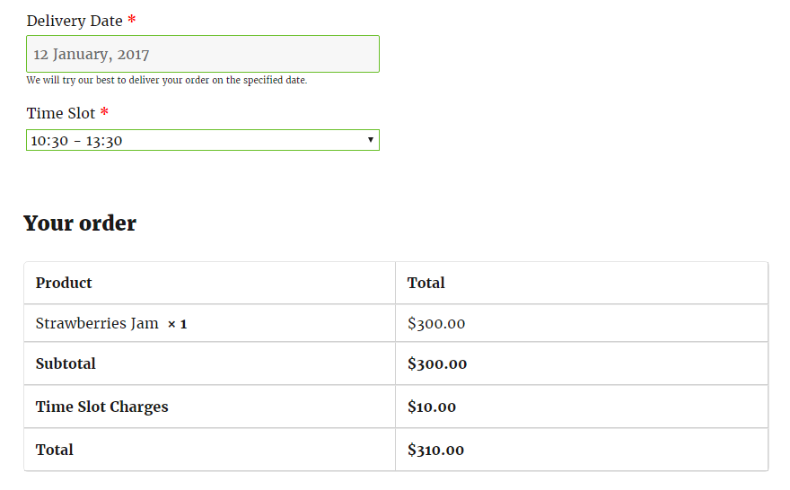 Additional Charges for time slot and Checkout label: Checkout Page