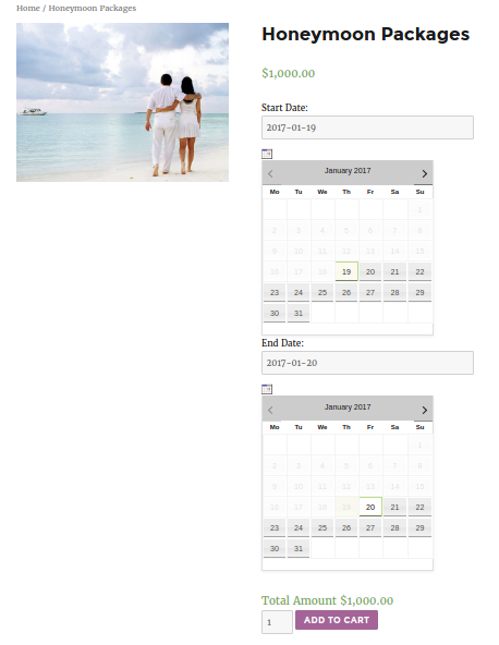 Frontend of Honeymoon Packages after Enabling Inline calendar