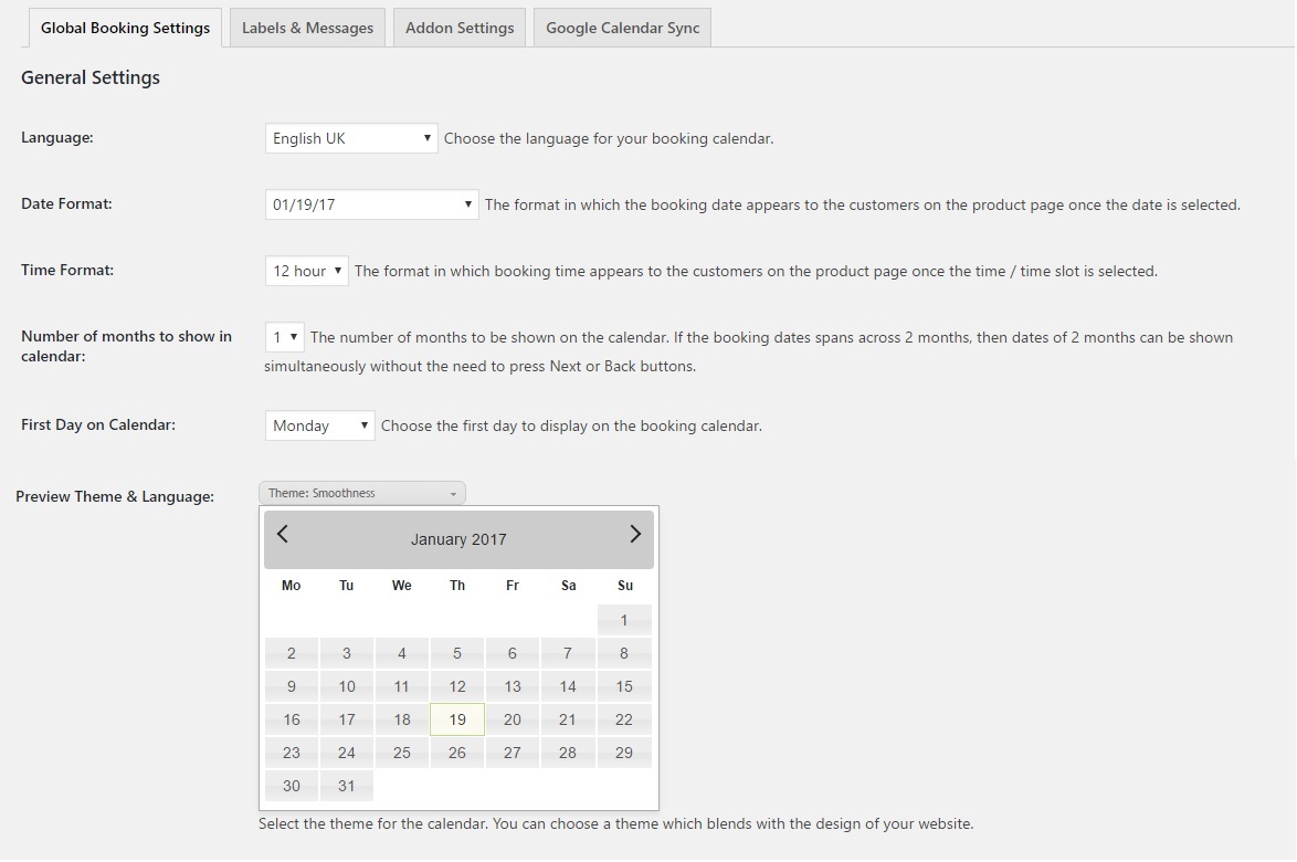 appearance of calendar and booking details- Global Booking settings appearance of calendar and booking details- Global Booking settings