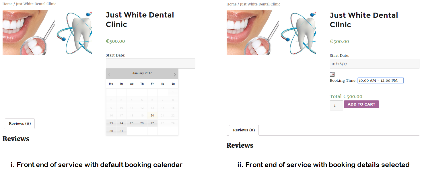 appearance of calendar and booking details- Front end with default setting and after selecting setting