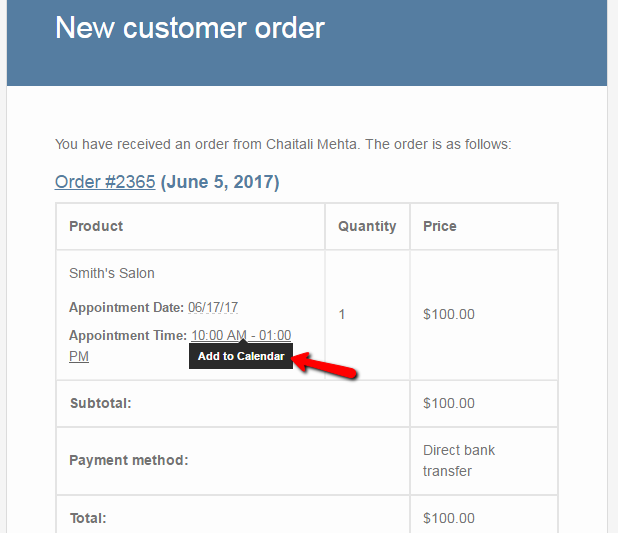 Add to Calendar button in Order notification email