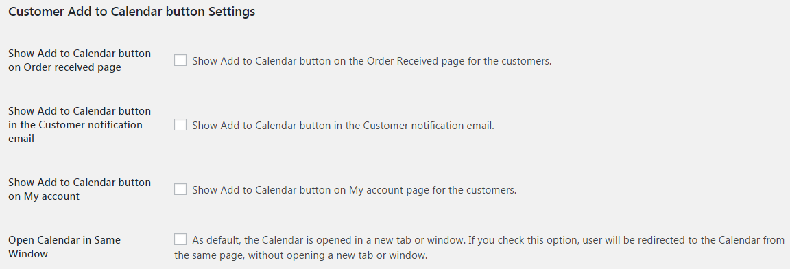 Customer Add to Calendar button Settings