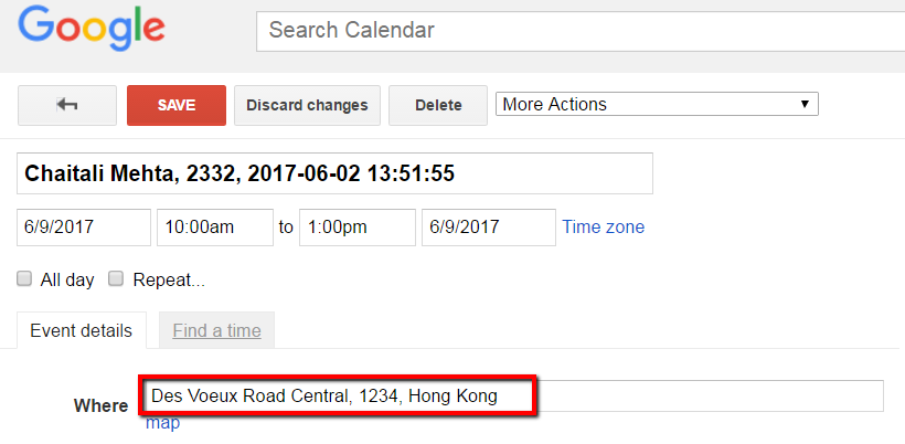 Event Location set as Where in calendar