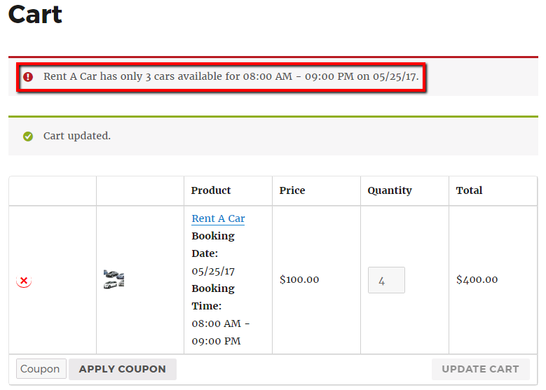 Booking & Appointment Plugin Prevents Overbookings For Your Bookable Services- Limited Availability error message for a time slot on Cart page