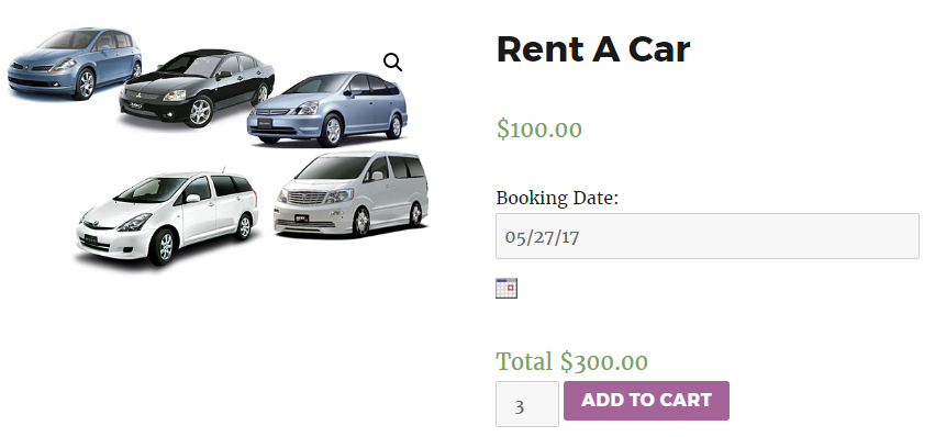 Booking & Appointment Plugin Prevents Overbookings For Your Bookable Services- Product page of Rent A Car of Customer A