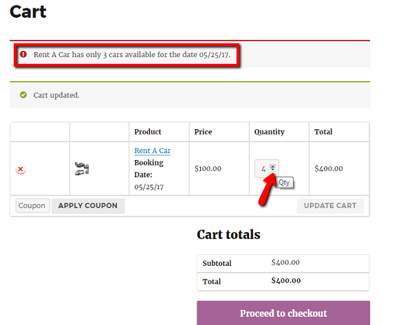 Booking & Appointment Plugin Prevents Overbookings For Your Bookable Services- Limited Availability Error Message For A Date on the Cart page