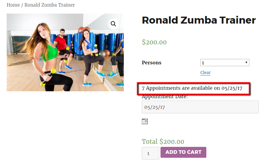 Customize Availability Messages Displayed On A Product Page- Frontend of Ronald Zumba Trainer after selecting variation and appointment date