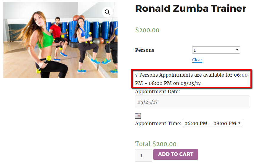 Customize Availability Messages Displayed On A Product Page- Frontend of Ronald Fitness Trainer after selecting variation, appointment date and time slot