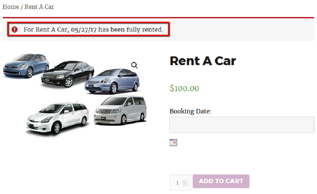 Booking & Appointment Plugin Prevents Overbookings For Your Bookable Services- Product page of Rent A Car of Customer B