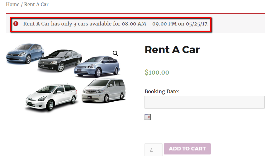 Booking & Appointment Plugin Prevents Overbookings For Your Bookable Services- Product page of Rent A Car after selecting booking details with time slot