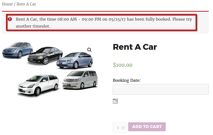 Booking & Appointment Plugin Prevents Overbookings For Your Bookable Services- Product page of Rent A Car with time slot of Customer B