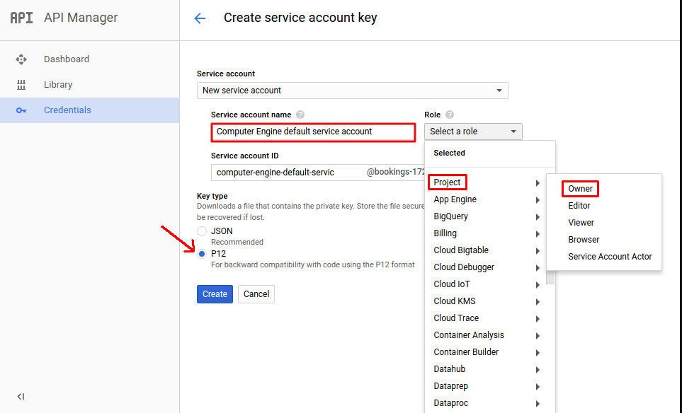 Create Service account key
