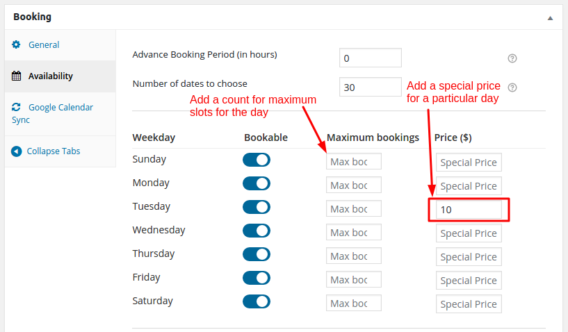 Apply special price and maximum bookings