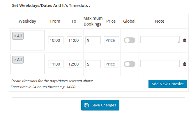 Time slots settings