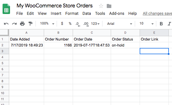Google sheet with WooCommerce orders information exported from WordPress