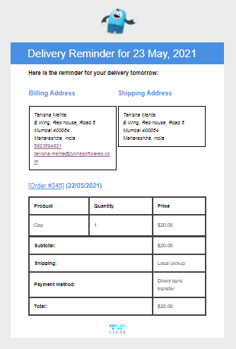 Image showing the admin delivery reminder email template