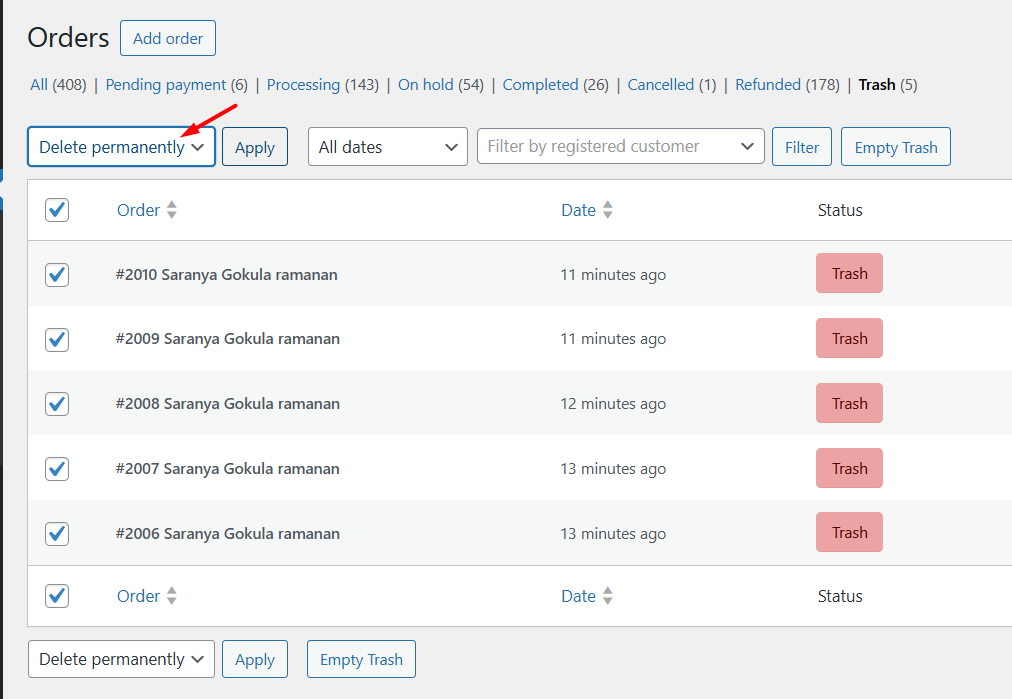 What happens when you delete an order in WooCommerce 