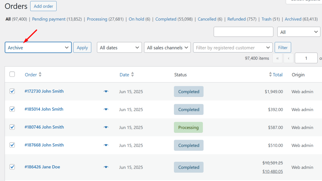 auto archive woocommerce orders in bulk