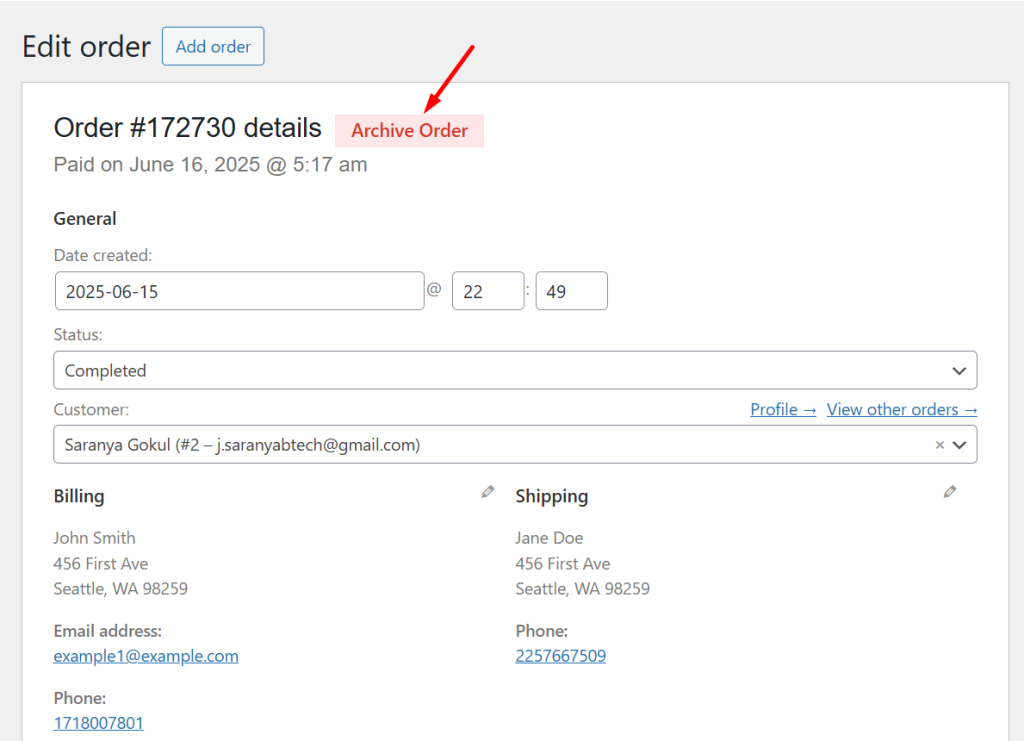 auto archive a particular woocommerce order alone