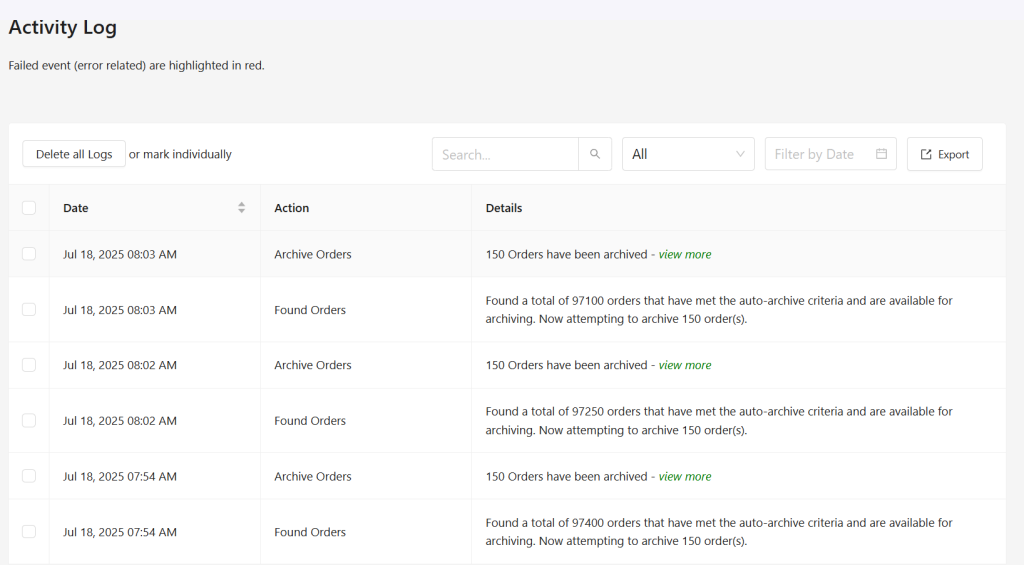 monitoring archived orders in log