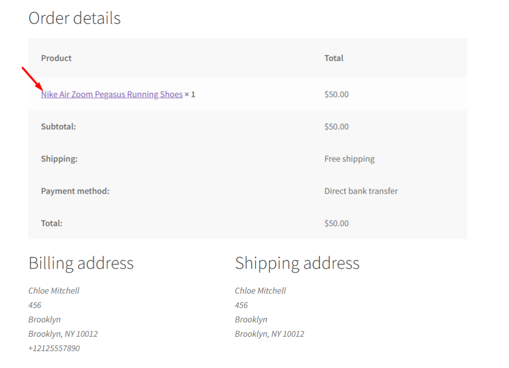 WooCommerce Brand Name on Thank you page