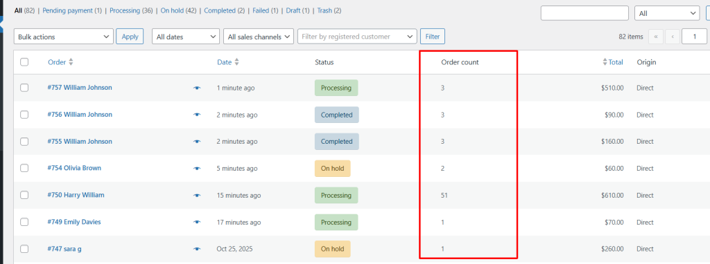 Customer Order Count to WooCommerce Admin Orders List 